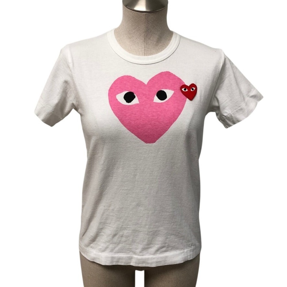 Comme des Garcons Play T-Shirt Womens Medium White Pink Heart Graphic AZ-T105